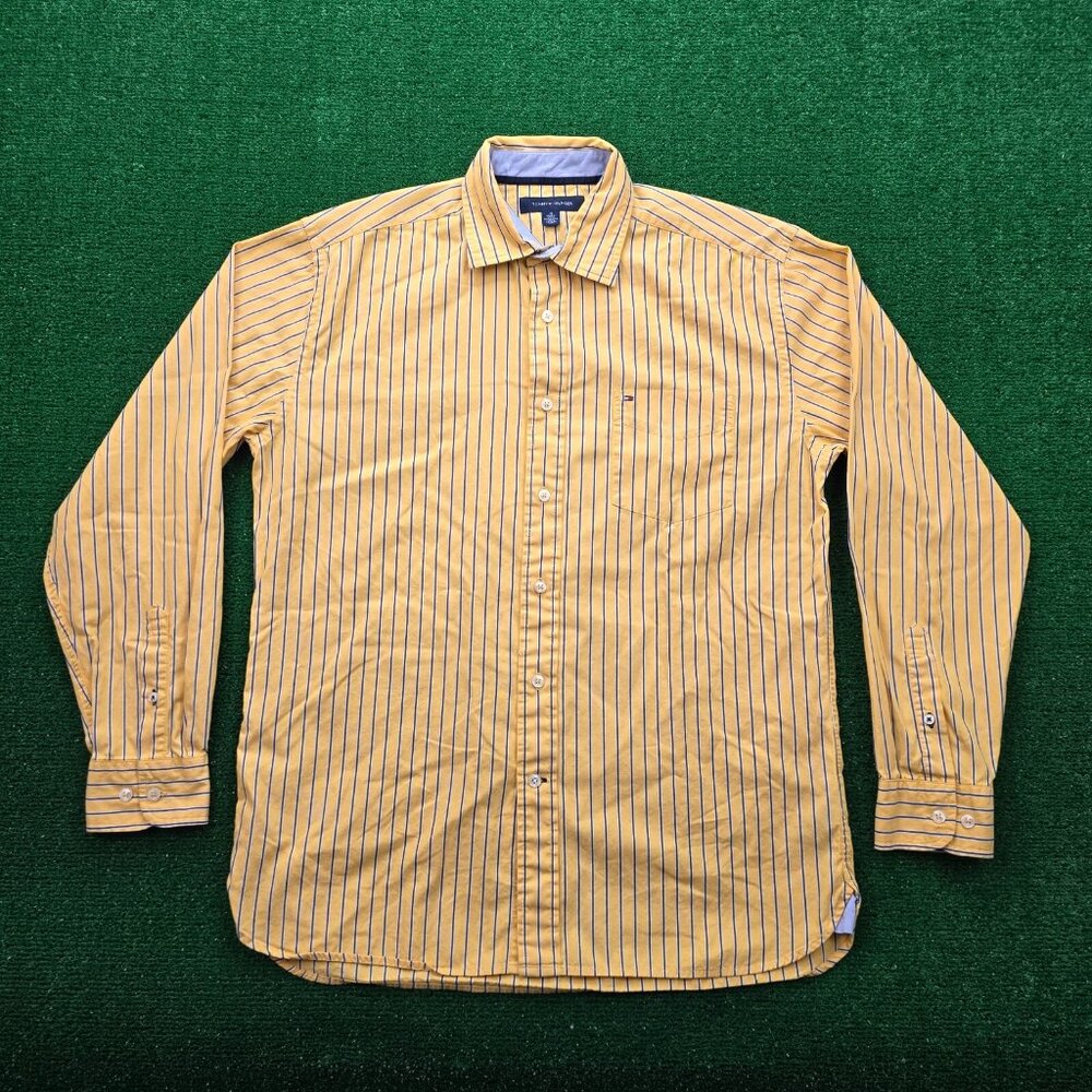 Tommy Hilfiger Shirt Mens Medium/Large Yellow Striped Button Up Long Sleeve